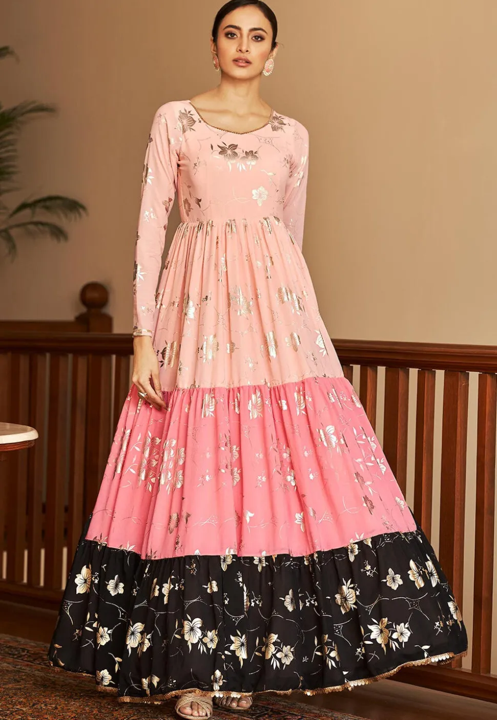 Foil Printed Georgette Tiered Gown in Pink and Black