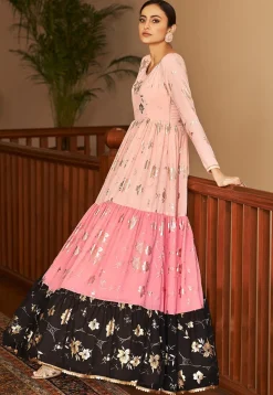 Foil Printed Georgette Tiered Gown in Pink and Black