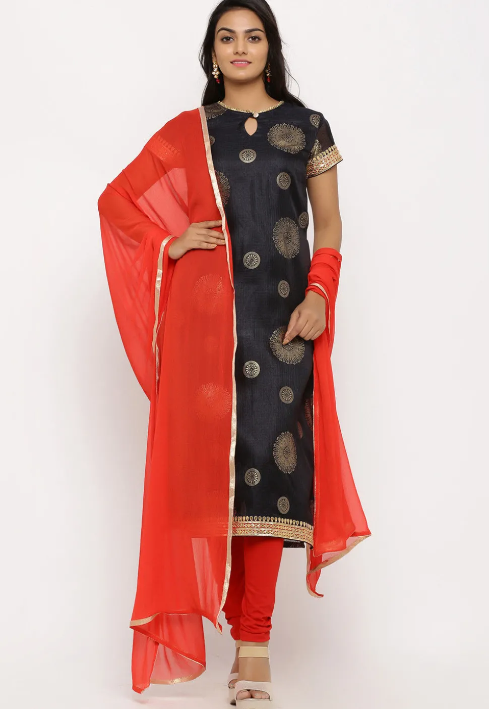 Foil Printed Kota Silk Straight Suit in Black