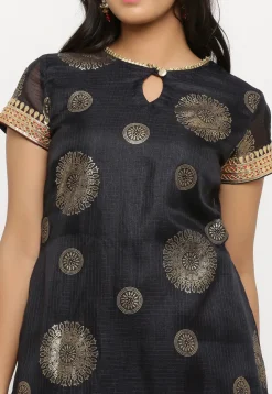 Foil Printed Kota Silk Straight Suit in Black
