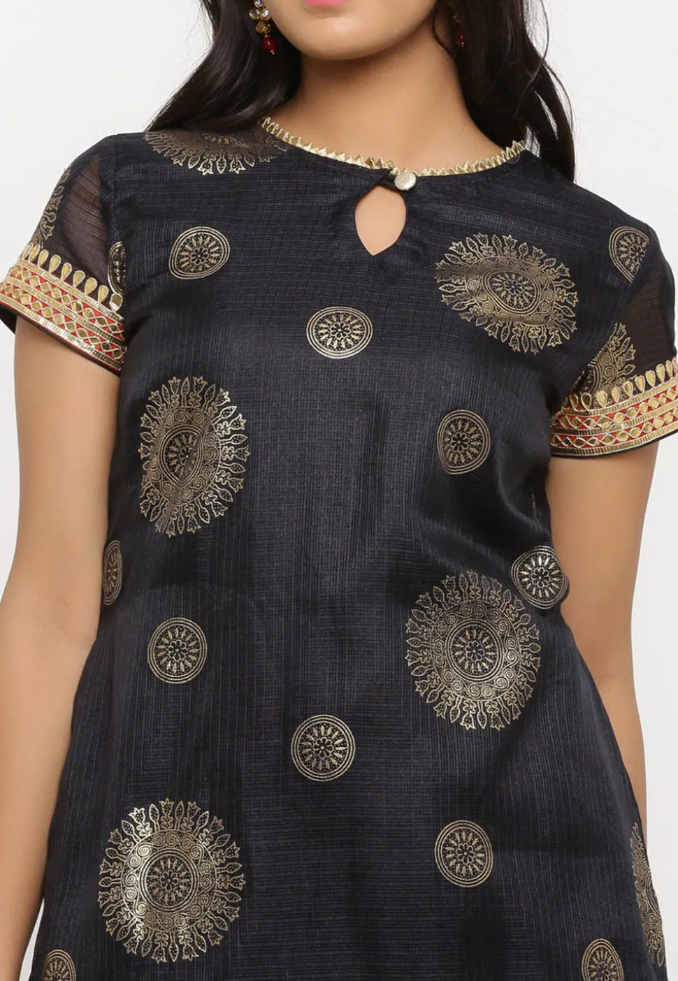 Foil Printed Kota Silk Straight Suit in Black