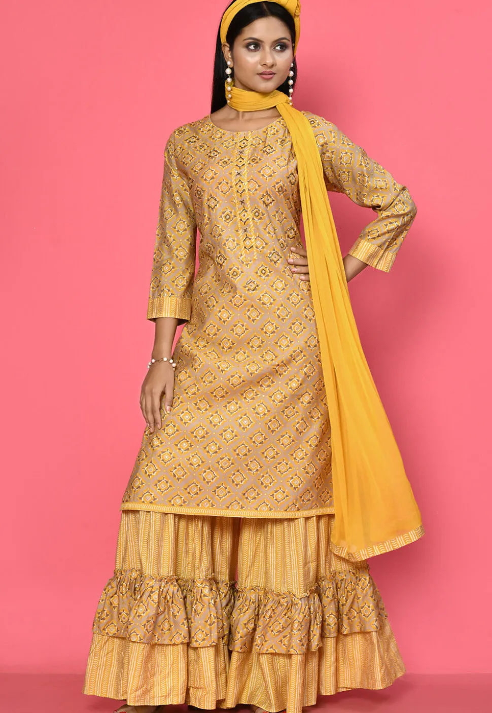 Foil Printed Muslin Cotton Pakistani Suit in Beige and Yellow