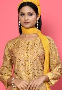 Foil Printed Muslin Cotton Pakistani Suit in Beige and Yellow