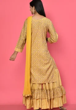 Foil Printed Muslin Cotton Pakistani Suit in Beige and Yellow