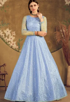 Foil Printed Net Gown in Sky Blue