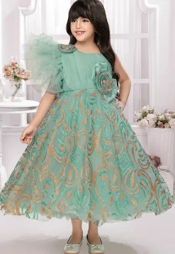 Foil Printed Net Gown in Teal Green