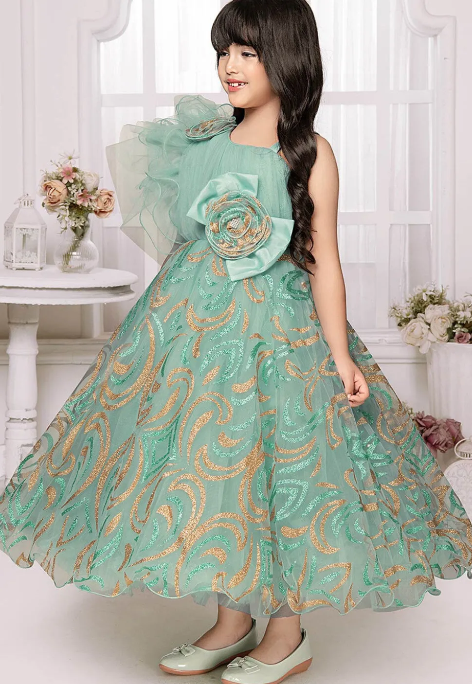 Foil Printed Net Gown in Teal Green