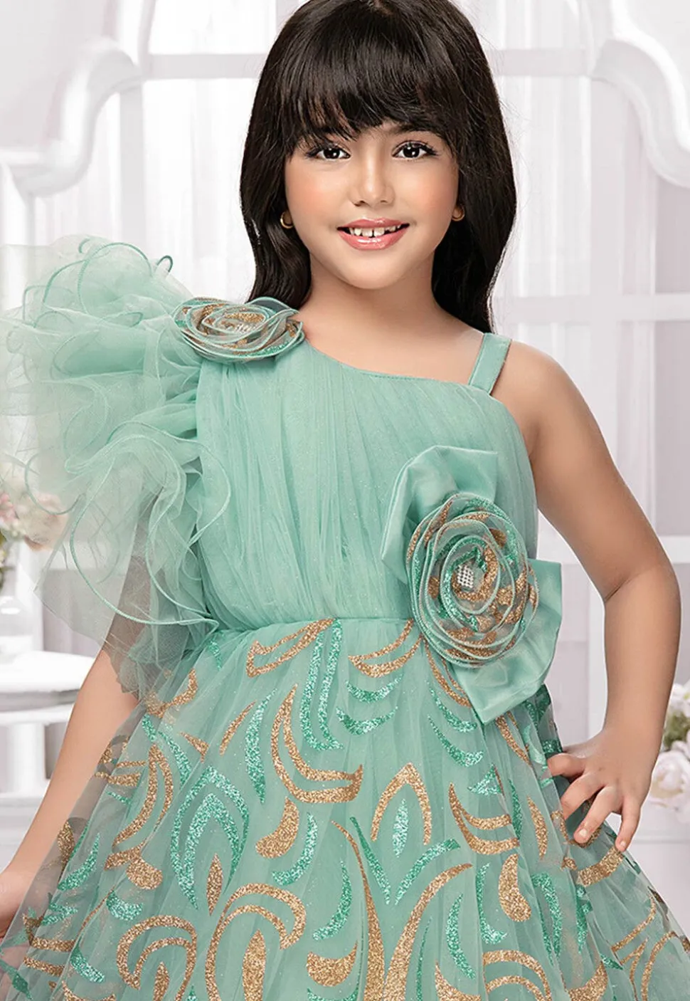Foil Printed Net Gown in Teal Green