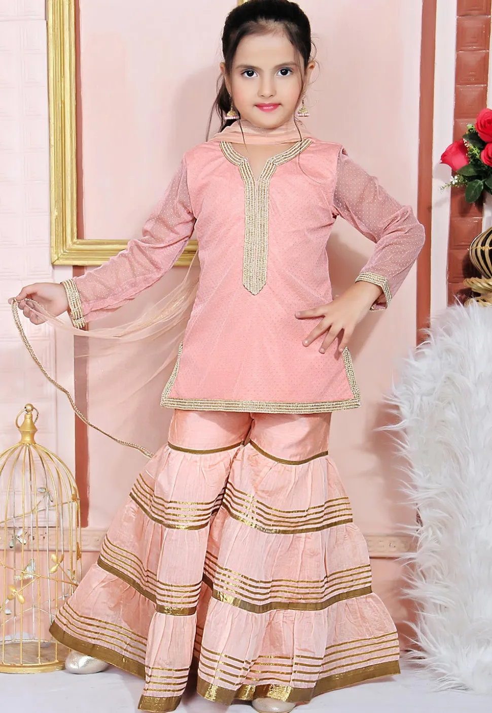 Foil Printed Net Pakistani Suit in Peach