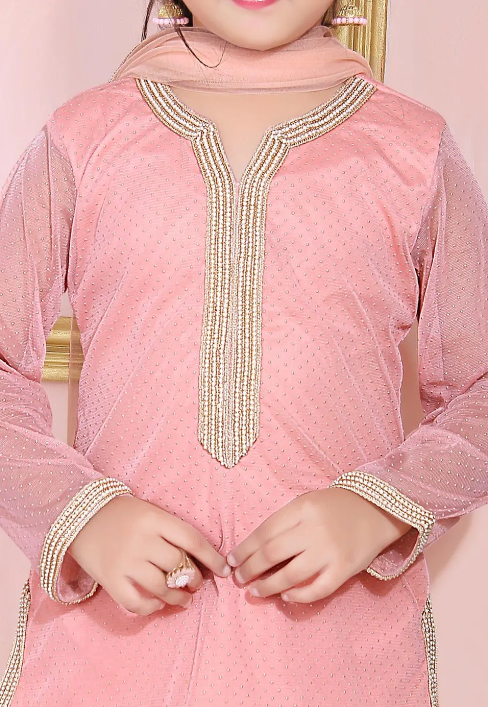 Foil Printed Net Pakistani Suit in Peach
