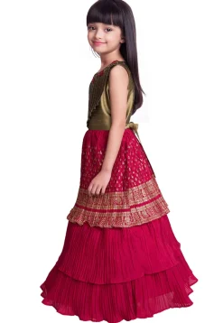 Foil Printed Polyster Pleated Gown in Fuchsia and Golden