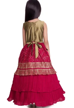 Foil Printed Polyster Pleated Gown in Fuchsia and Golden