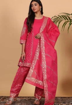 Foil Printed Pure Cotton Punjabi Suit in Fuchsia