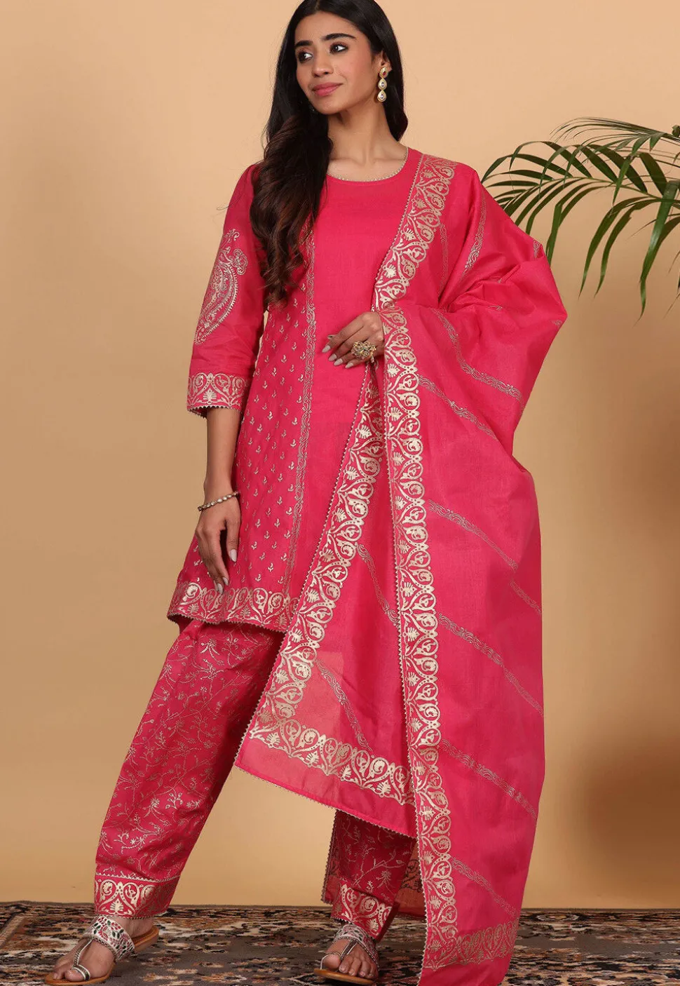 Foil Printed Pure Cotton Punjabi Suit in Fuchsia