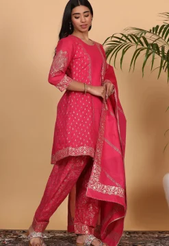 Foil Printed Pure Cotton Punjabi Suit in Fuchsia