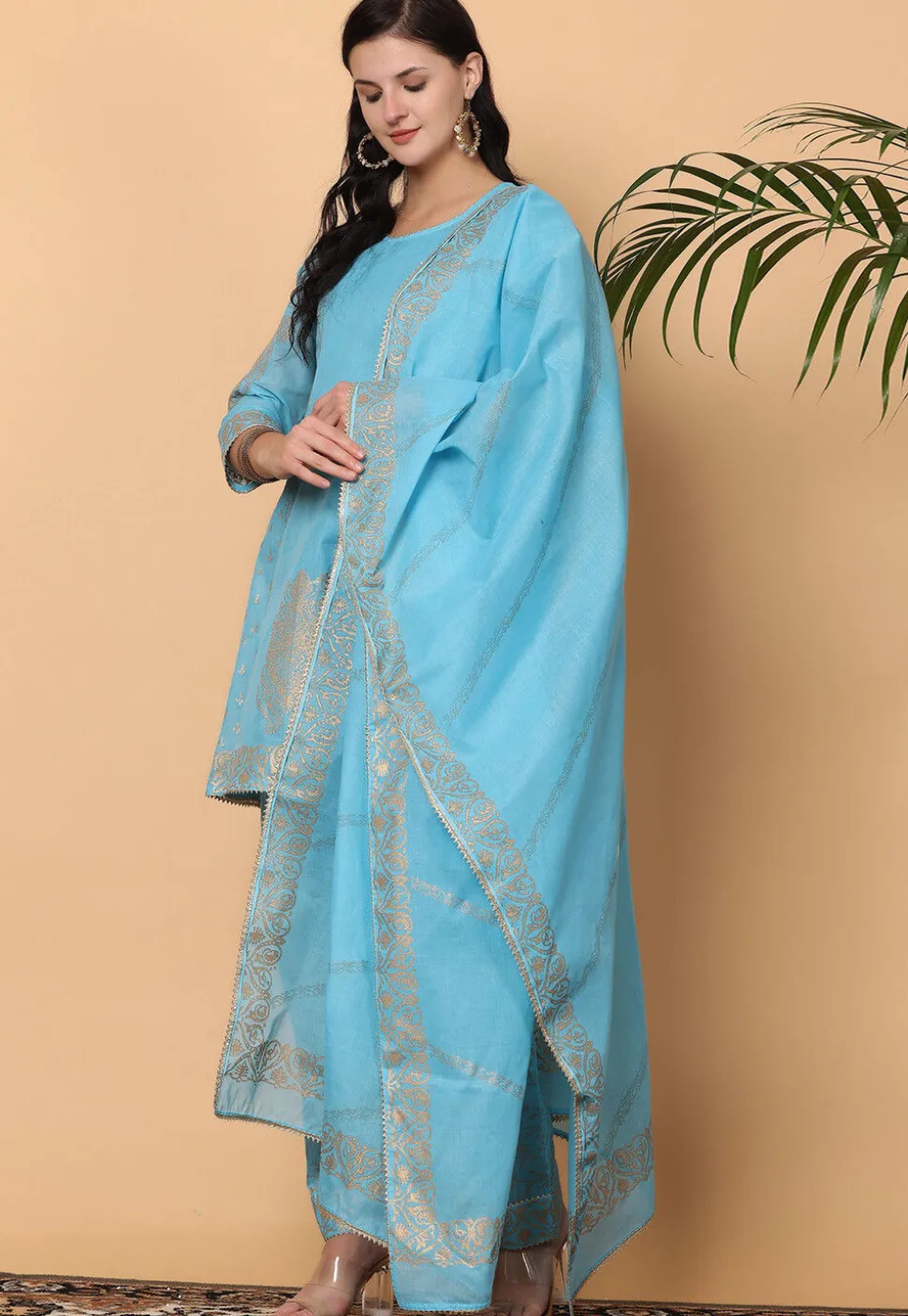 Foil Printed Pure Cotton Punjabi Suit in Blue