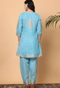 Foil Printed Pure Cotton Punjabi Suit in Blue