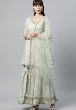 Foil Printed Pure Cotton Pakistani Suit in Sea Green