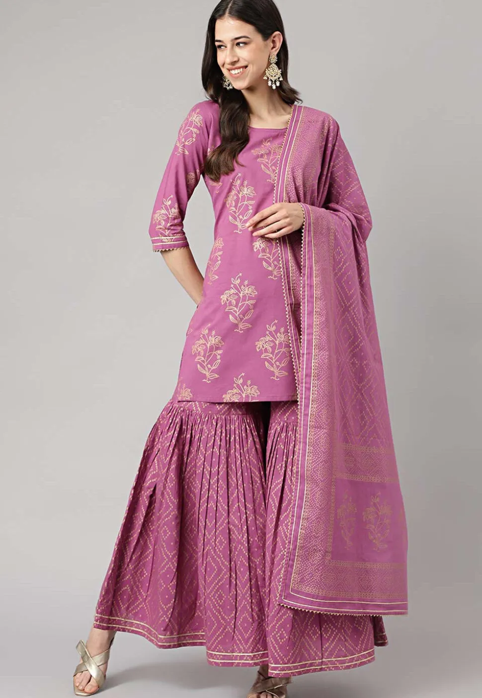 Foil Printed Pure Cotton Pakistani Suit in Purple