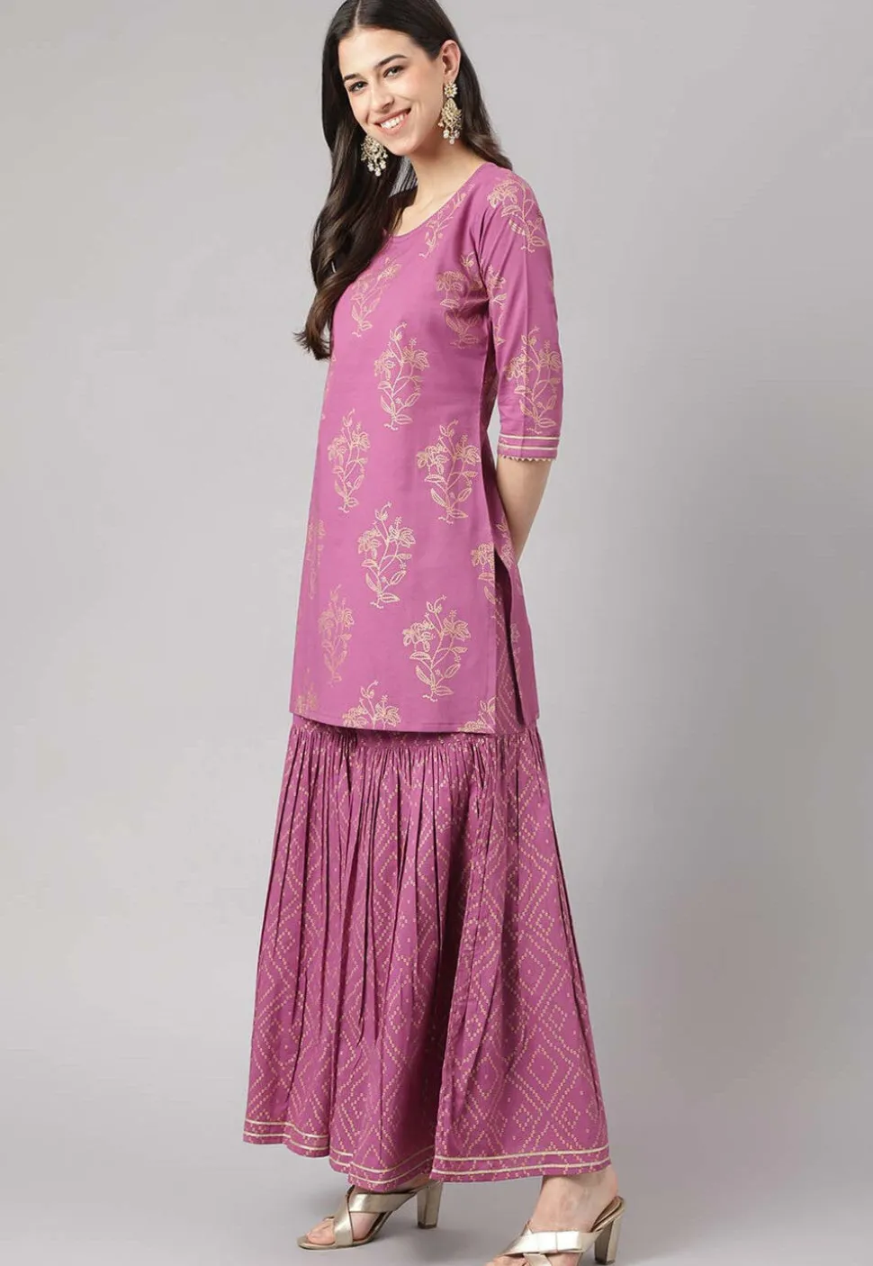 Foil Printed Pure Cotton Pakistani Suit in Purple