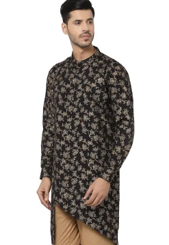 Foil Printed Pure Cotton Asymmetric Kurta in Black