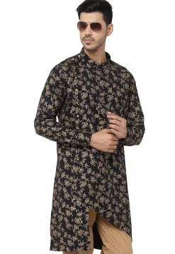 Foil Printed Pure Cotton Asymmetric Kurta in Black
