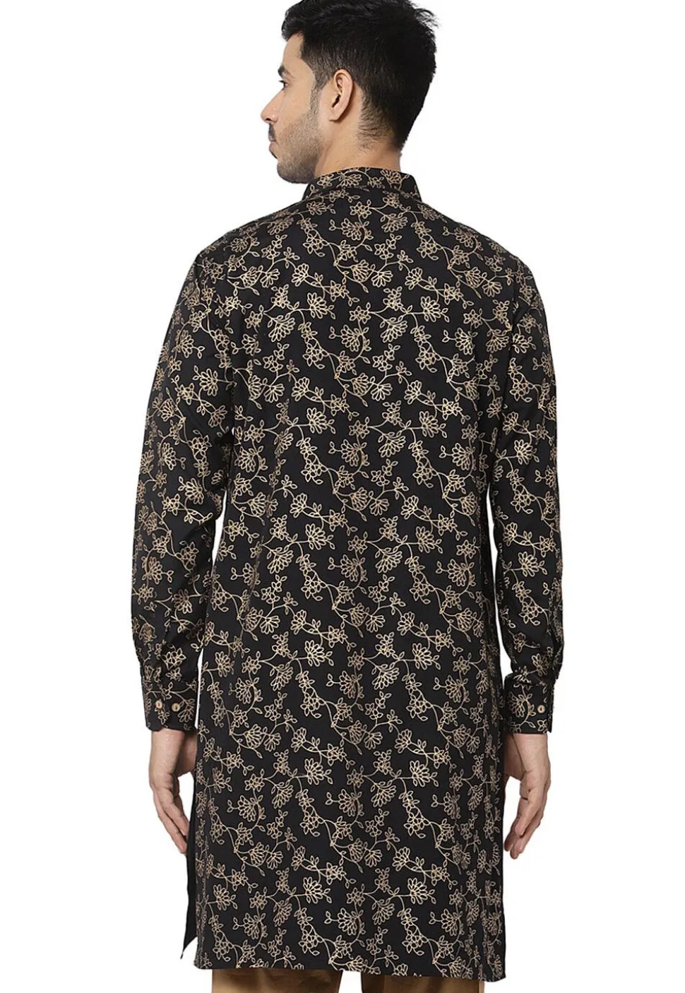 Foil Printed Pure Cotton Asymmetric Kurta in Black
