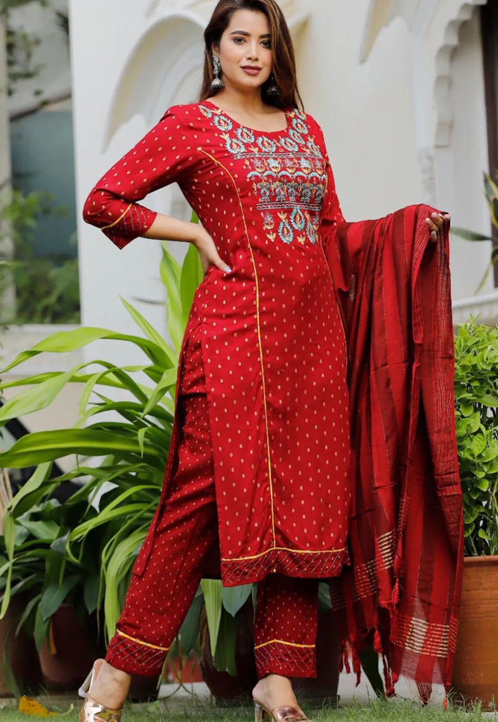 Foil Printed Pure Cotton Pakistani Suit in Maroon
