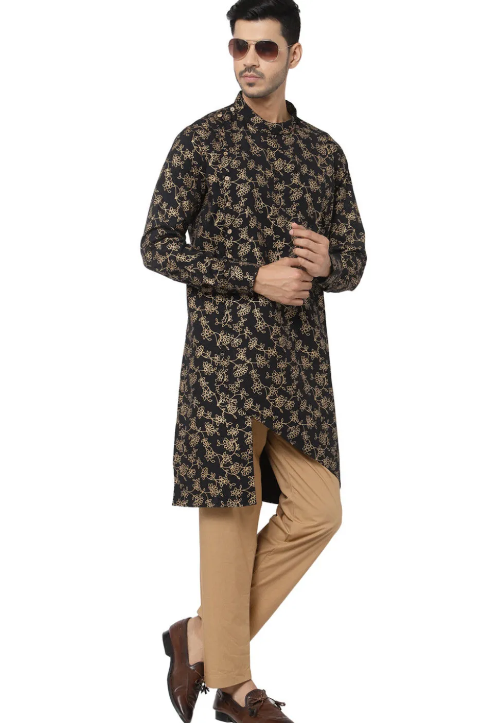 Foil Printed Pure Cotton Asymmetric Kurta Set in Black
