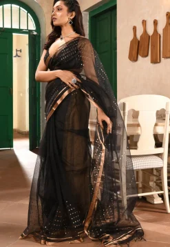 Foil Printed Pure Silk Saree in Black