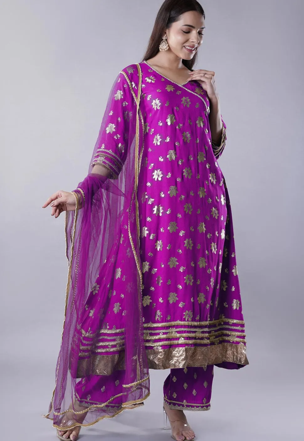 Foil Printed Rayon A Line Suit in Magenta