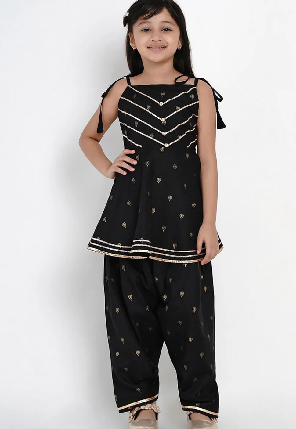 Foil Printed Rayon A Line Kurta Set in Black