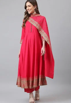 Foil Printed Rayon A Line Suit in Fuchsia