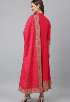Foil Printed Rayon A Line Suit in Fuchsia