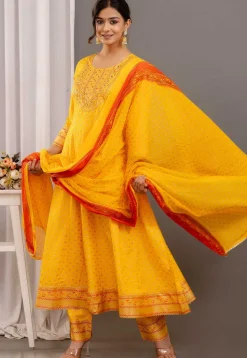 Foil Printed Rayon Aline Suit in Yellow