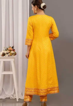 Foil Printed Rayon Aline Suit in Yellow