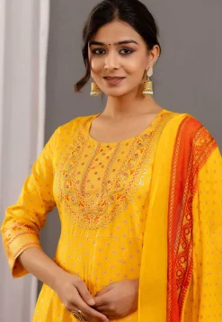 Foil Printed Rayon Aline Suit in Yellow