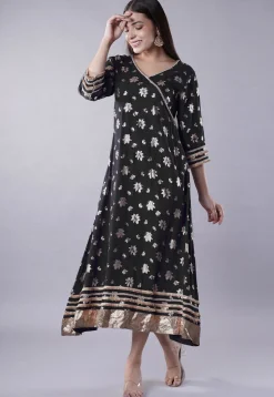 Foil Printed Rayon Aline Kurta in Black