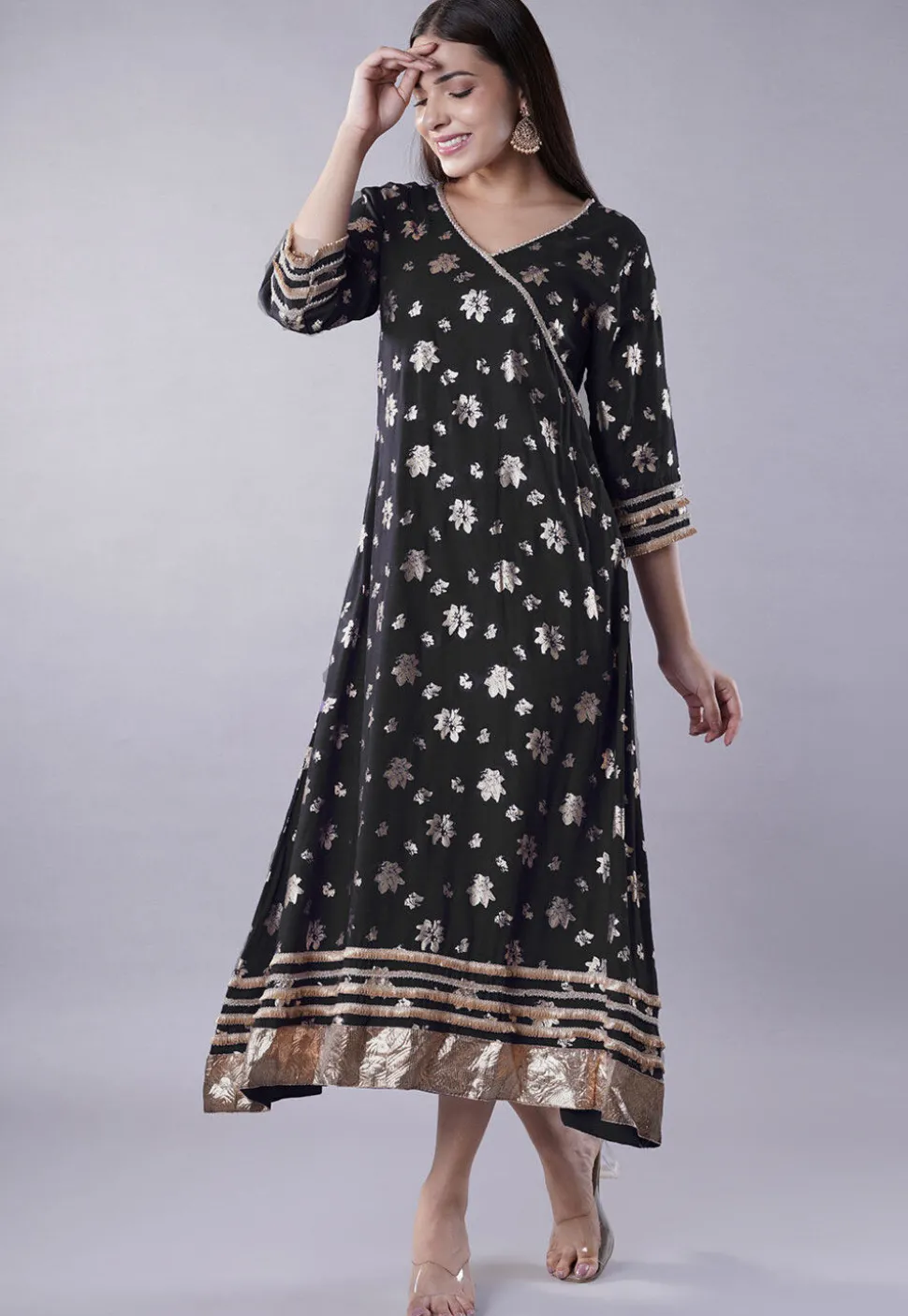 Foil Printed Rayon Aline Kurta in Black