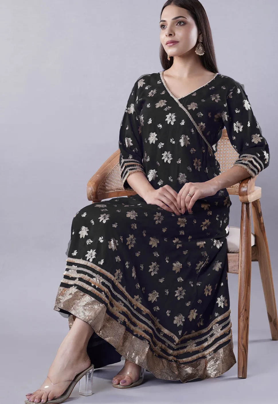 Foil Printed Rayon Aline Kurta in Black