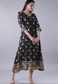 Foil Printed Rayon Aline Kurta in Black