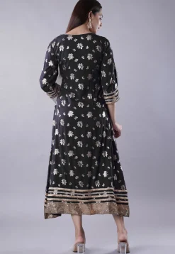 Foil Printed Rayon Aline Kurta in Black