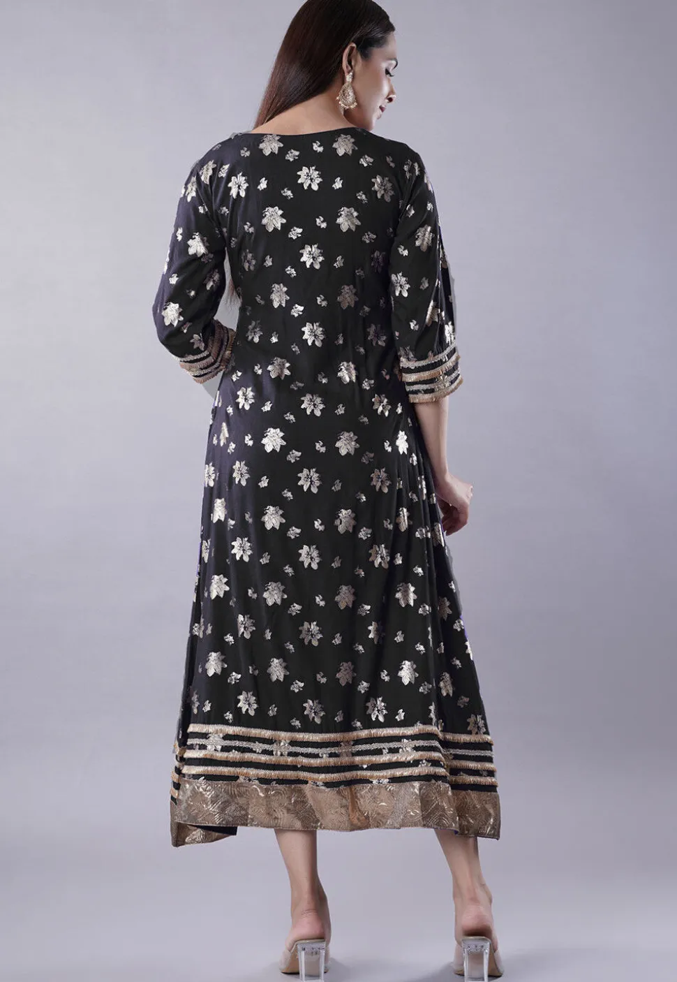 Foil Printed Rayon Aline Kurta in Black