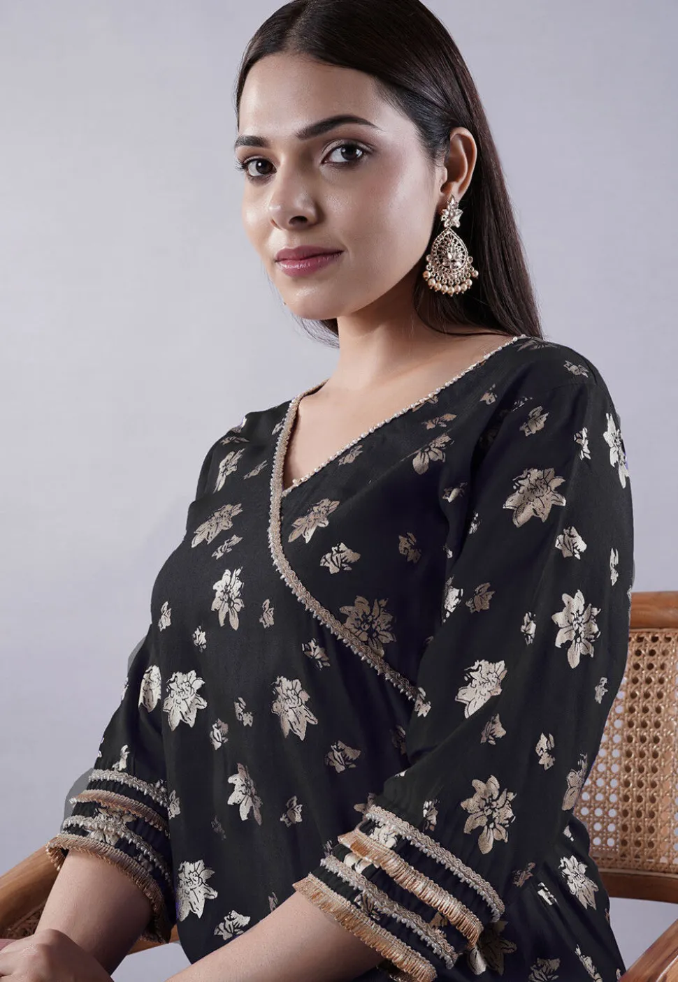 Foil Printed Rayon Aline Kurta in Black