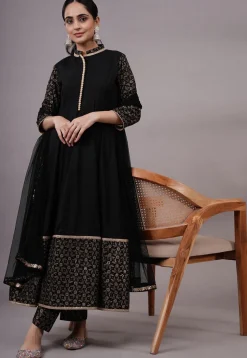Foil Printed Rayon Aline Suit in Black