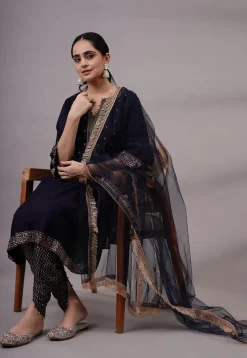 Foil Printed Rayon Aline Suit in Navy Blue