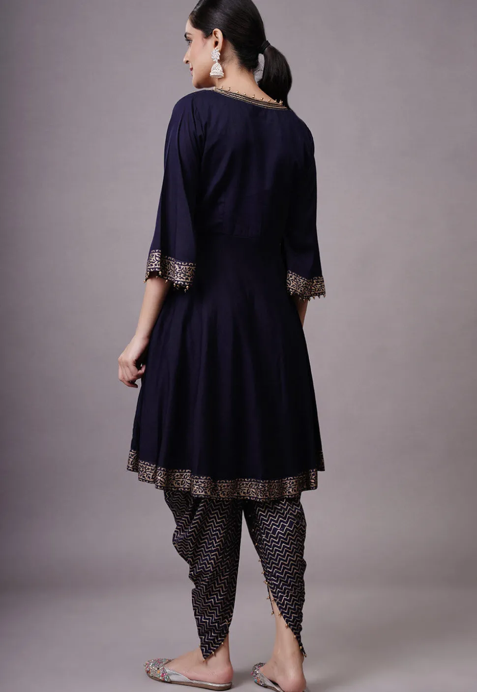 Foil Printed Rayon Aline Suit in Navy Blue