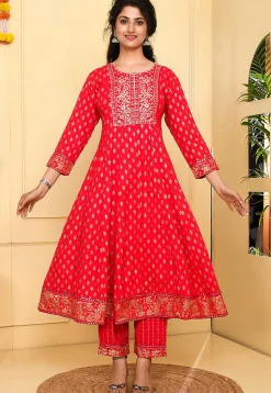 Foil Printed Rayon Anarkali Suit in Dark Fuchsia