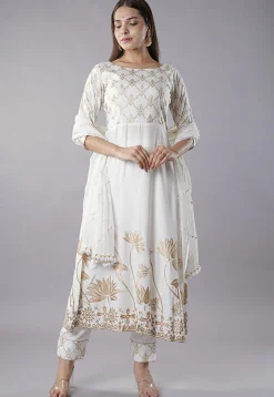 Foil Printed Rayon Anarkali Suit in Off White