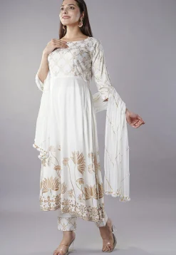 Foil Printed Rayon Anarkali Suit in Off White